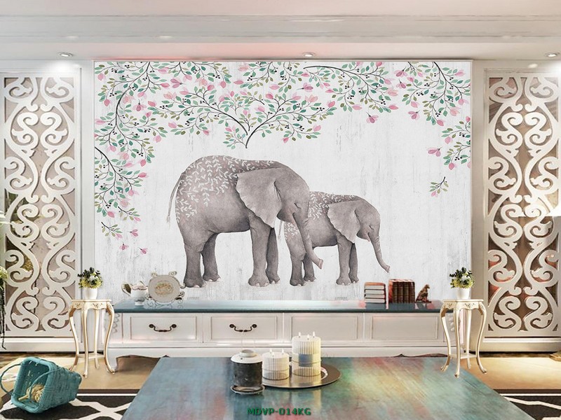 Tranh vẽ đôi voi đáng yêu cho phòng bé MDVP-014KG